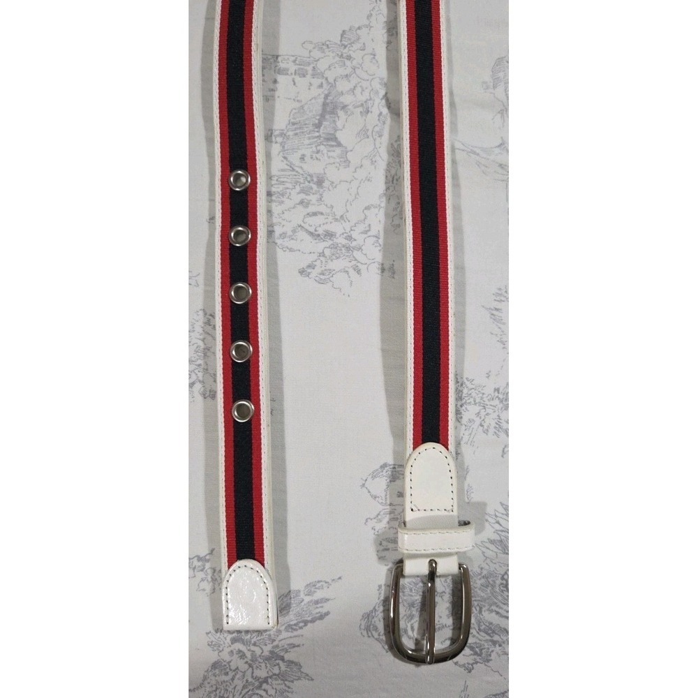 Loft Leather Belt, White, Red Navy Stripe Inlay, XS, 32 - Picture 3 of 3
